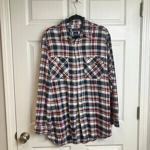 Williams Bay Plaid Long Sleeve Heavyweight Flannel Shirt Red Blue Size L TALL